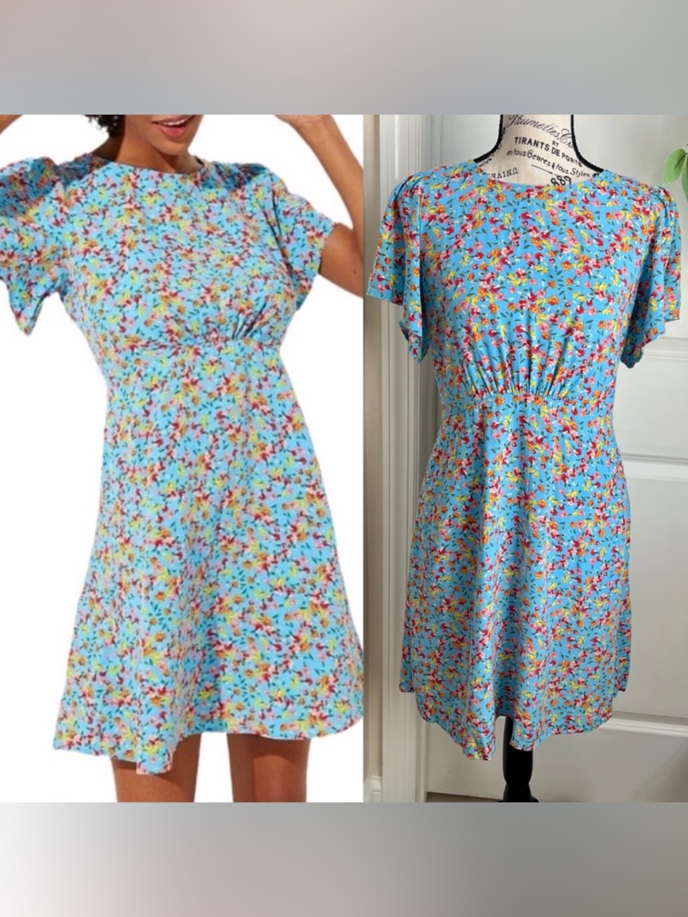 LOFT Floral Tie-Back Flutter Sleeve Mini Dress Blue Sz 4